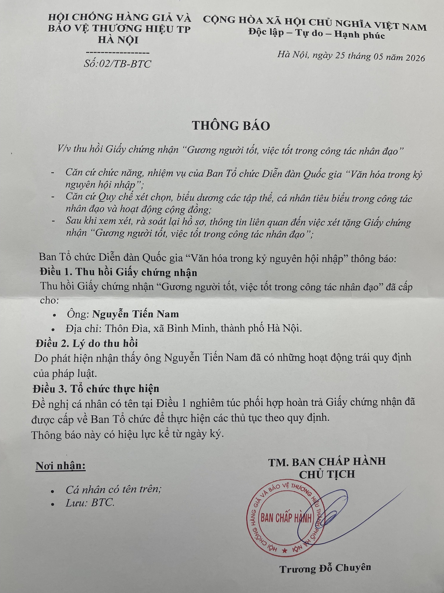 img8259-1780303176875947892687 Thu hồi chứng nhận 'Gương người tốt, việc tốt trong công tác nhân đạo' của ông Nguyễn Tiến Nam- Ảnh 2.