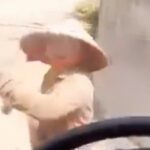 Người phụ nữ cầm cào chặn ô tô đi vào đường phơi lúa